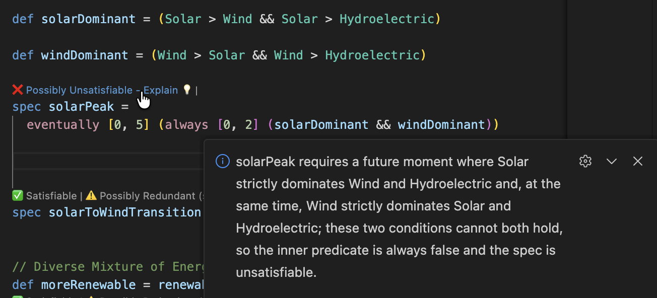 VSCodeコードレンズ：充足不可能性の説明